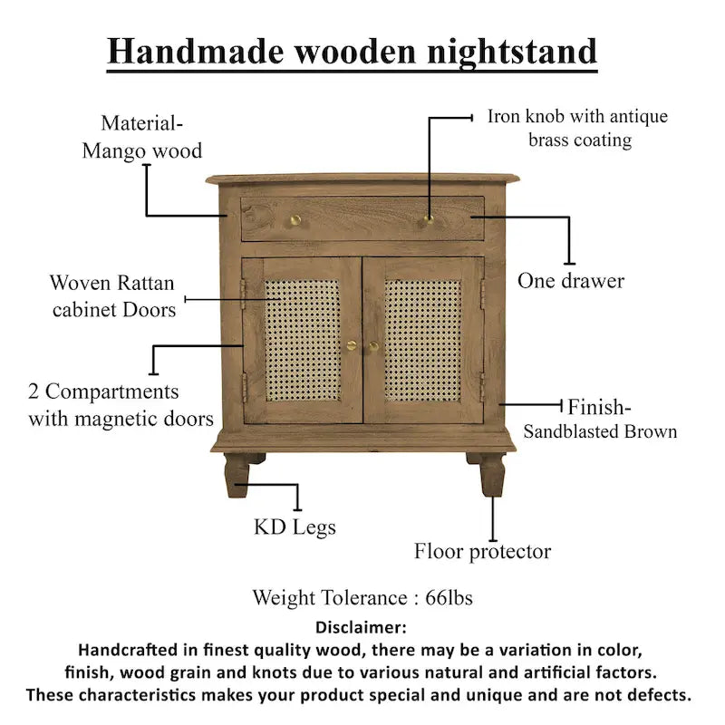 30 Inch Nightstand Table, Rattan Cabinet Doors and Drawer Fronts, Sandblasted Brown Mango Wood