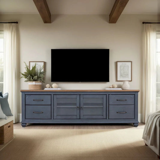 Bridgevine Home Americana 84 in TV Stand for TVs up to 90 inches, No Assembly Required, Corduroy Blue Finish