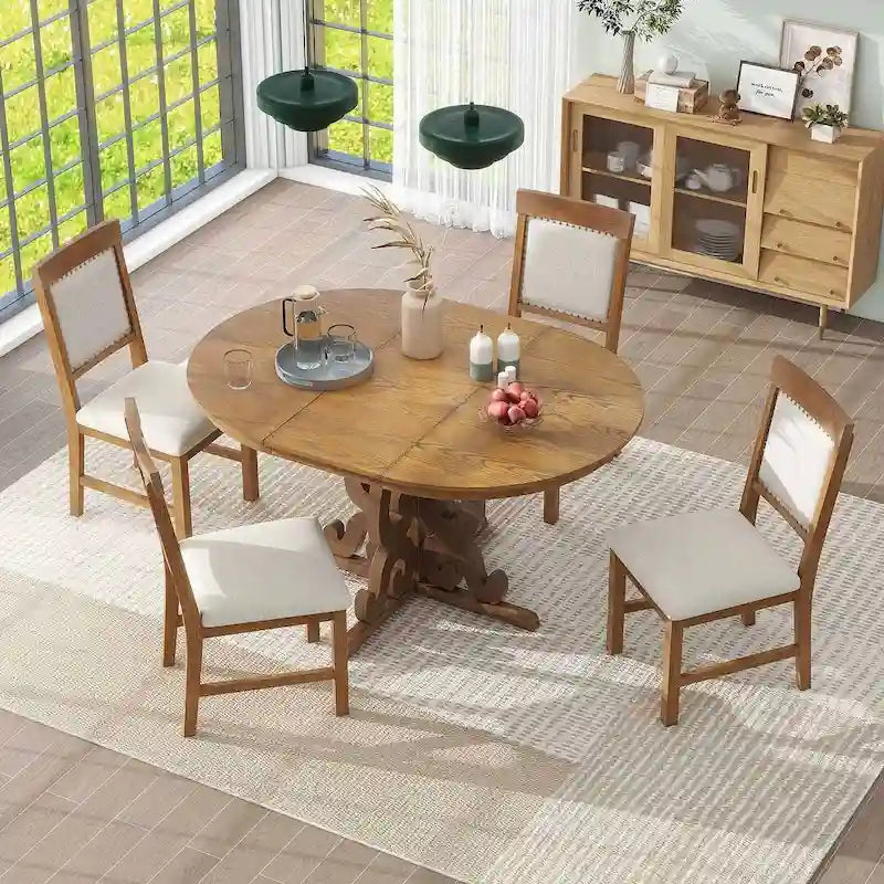 58 Traditional Extendable Dining Table Set with 4 Upholstered Chairs