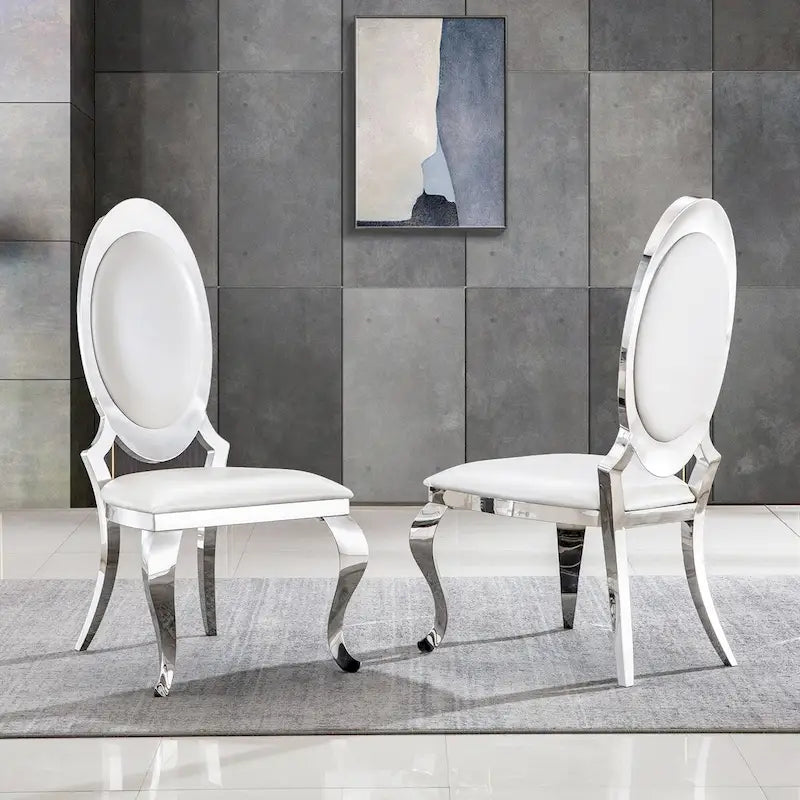 Luxury White PU Leather Dining Chairs with Mirrored Silver Cabriole Legs