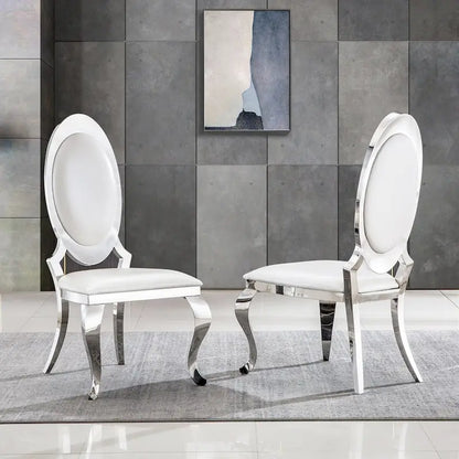 Luxury White PU Leather Dining Chairs with Mirrored Silver Cabriole Legs