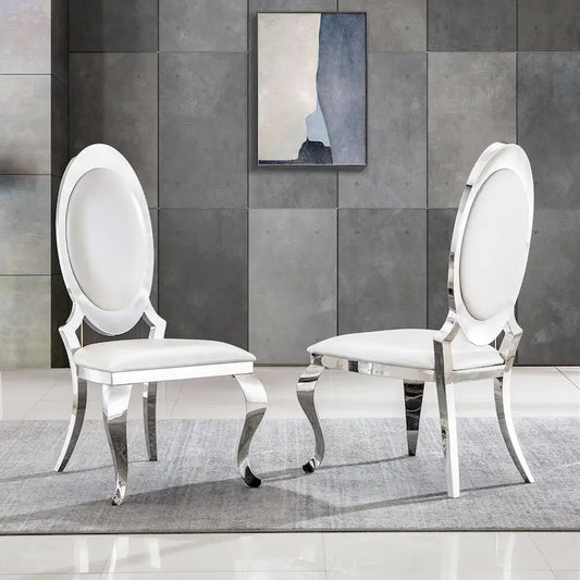 Luxury White PU Leather Dining Chairs with Mirrored Silver Cabriole Legs