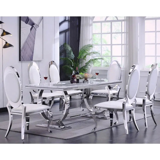 Luxury White PU Leather Dining Chairs with Mirrored Silver Cabriole Legs