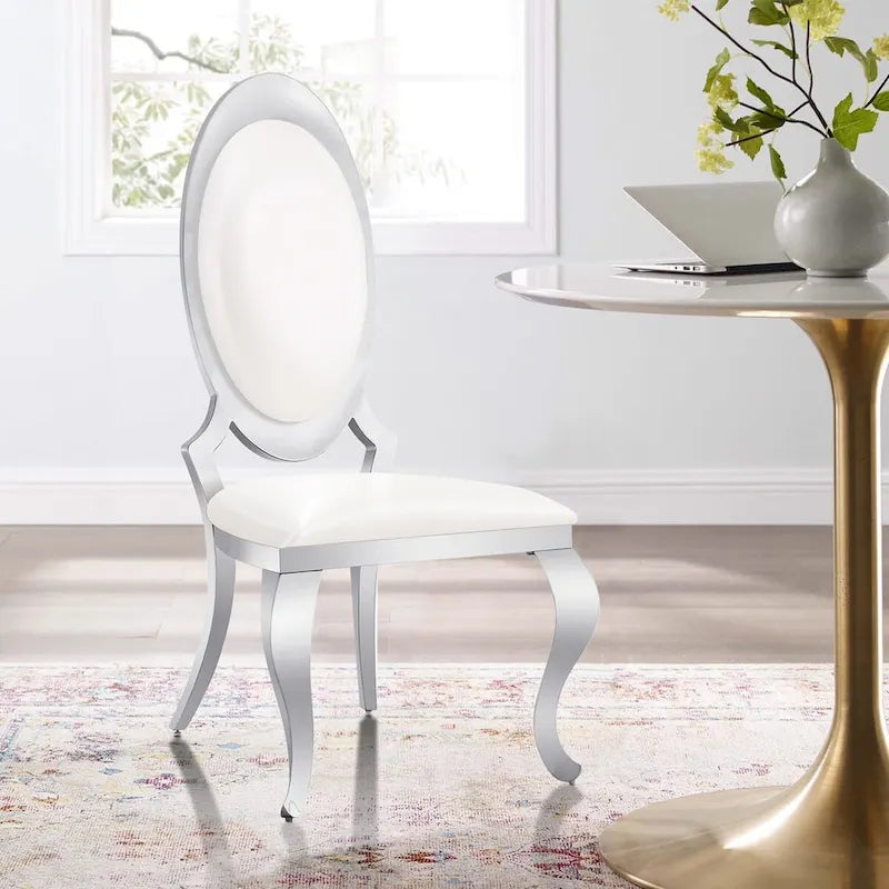 Luxury White PU Leather Dining Chairs with Mirrored Silver Cabriole Legs