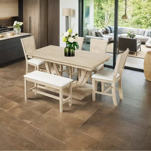 6-Piece Wood Half Round Dining Table Set Kitchen Table Set with Long Bench and 4 Dining Chairs, Modern Style