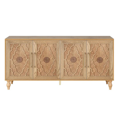 Large Storage Cabinet with Carved Flower Doors and Metal Handles