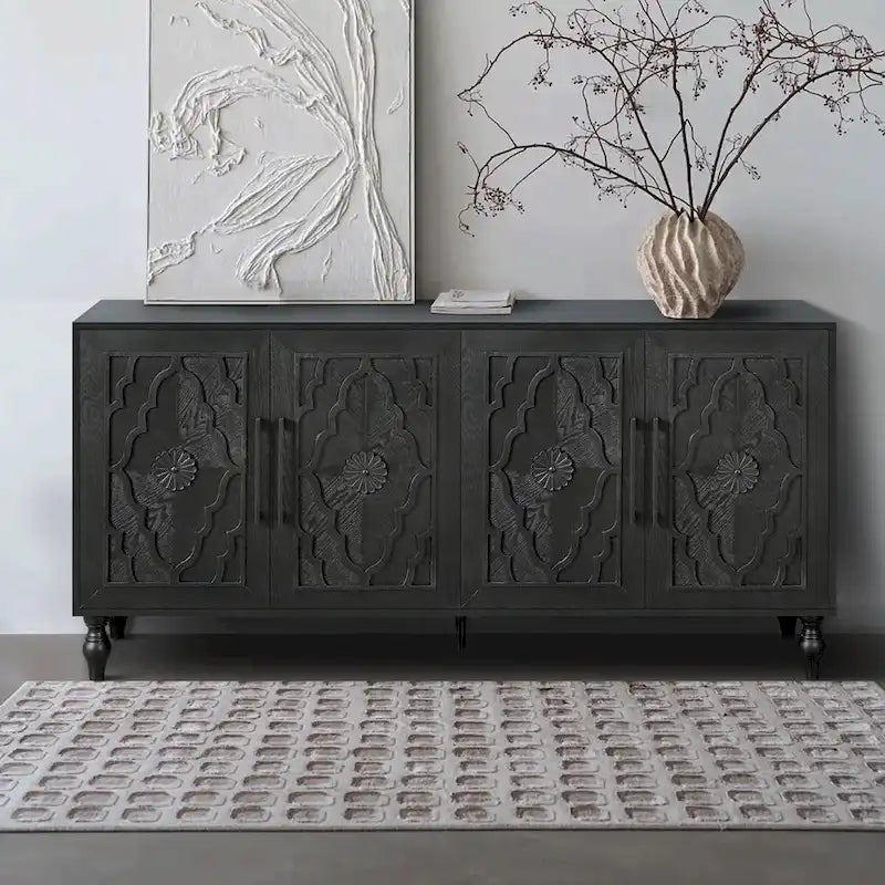 Large Storage Cabinet with Carved Flower Doors and Metal Handles