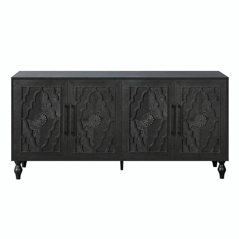 Large Storage Cabinet with Carved Flower Doors and Metal Handles