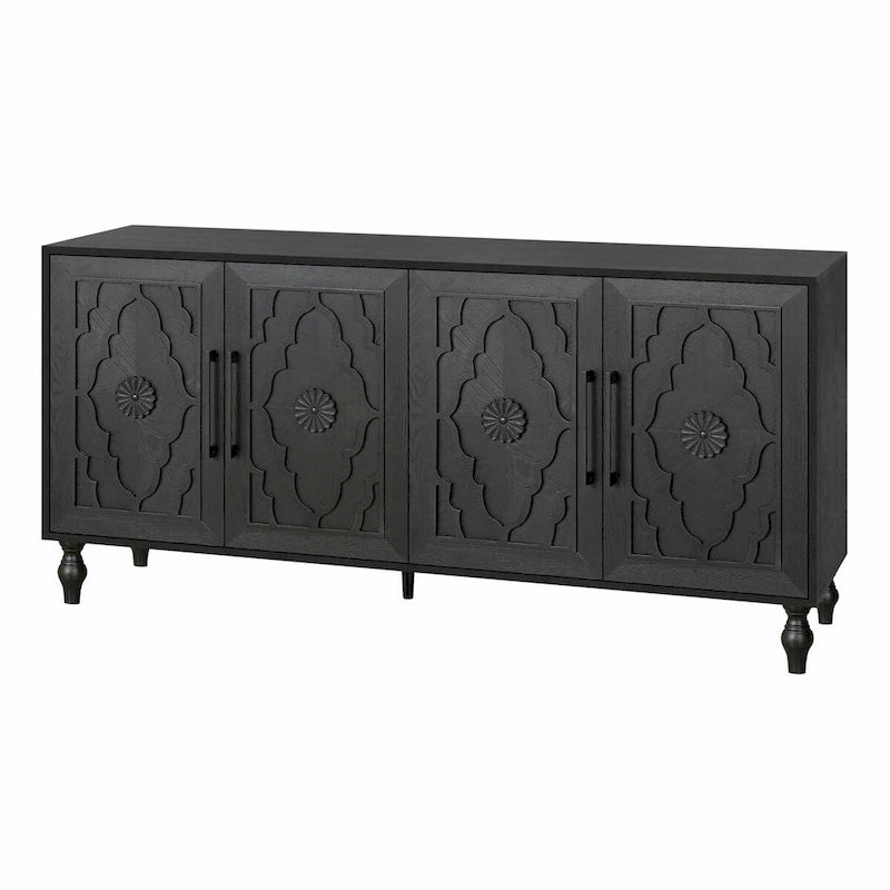 Large Storage Cabinet with Carved Flower Doors and Metal Handles