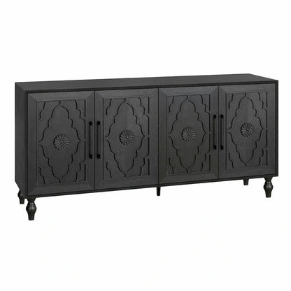 Large Storage Cabinet with Carved Flower Doors and Metal Handles