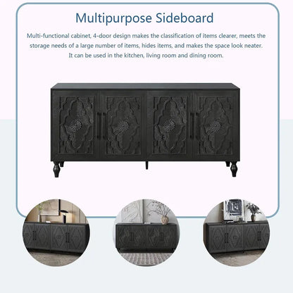 Large Storage Cabinet with Carved Flower Doors and Metal Handles