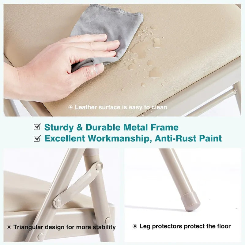 Leather Padded Folding Chairs, Sturdy Metal Foldable Chairs (Set of 2)