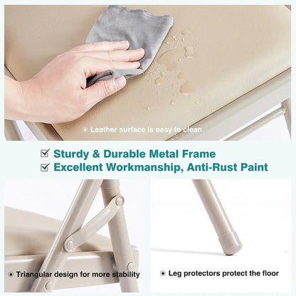 Leather Padded Folding Chairs, Sturdy Metal Foldable Chairs (Set of 2)