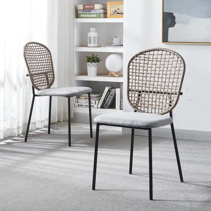 Velvet Upholstered Metal Frame Armless Rattan Dining Chair Set of 4