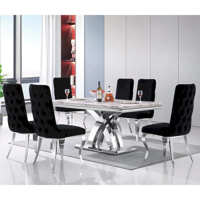 Black and Silver Dining Chairs with Soft Velvet and Metal Legs