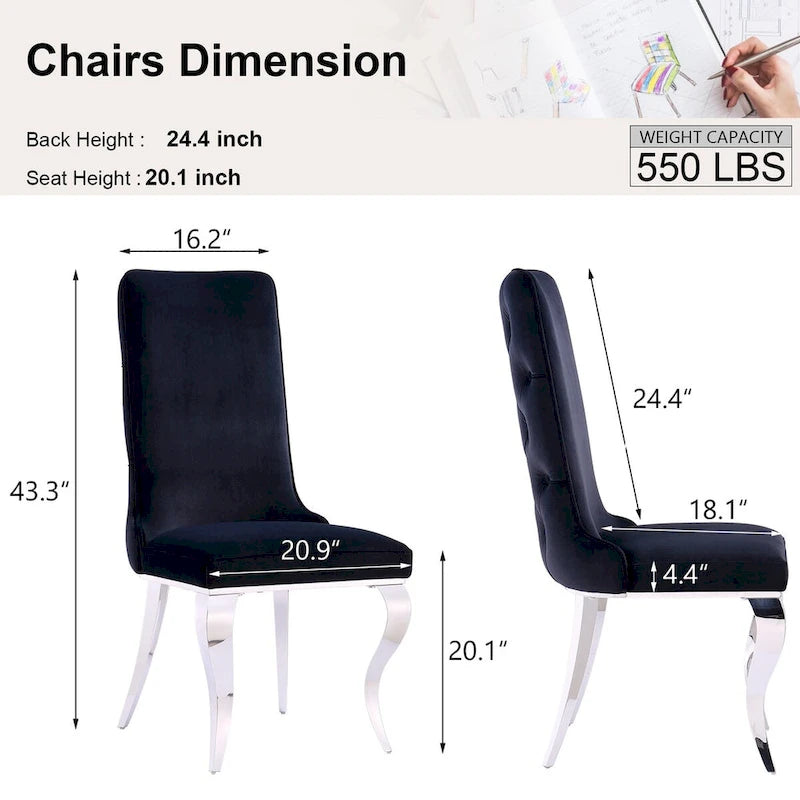 Black and Silver Dining Chairs with Soft Velvet and Metal Legs