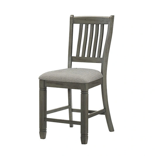 26 Inch Counter Height Chair Set of 2, Slat Back, Gray Wood, Fabric Seat