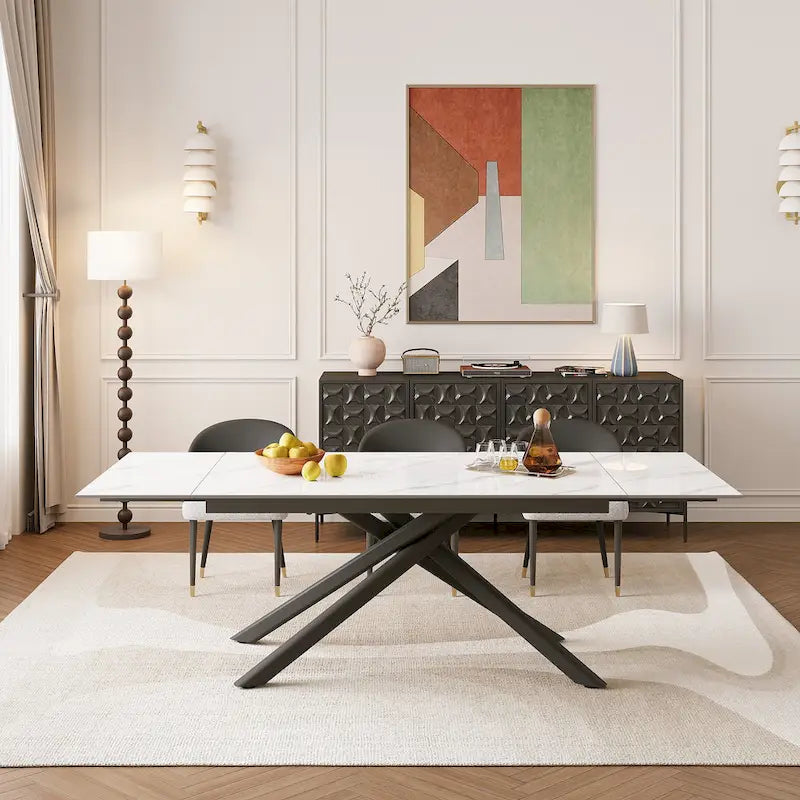 9 - Piece Extendable Rectangular Sintered Stone Cross Legs Dining Set With 8 Chairs For Home or Villa