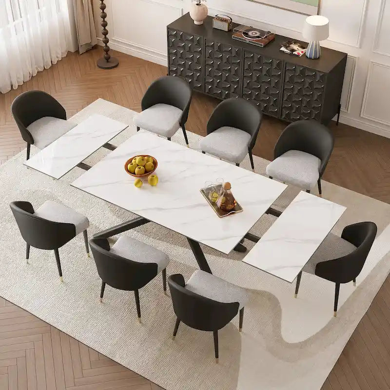 9 - Piece Extendable Rectangular Sintered Stone Cross Legs Dining Set With 8 Chairs For Home or Villa