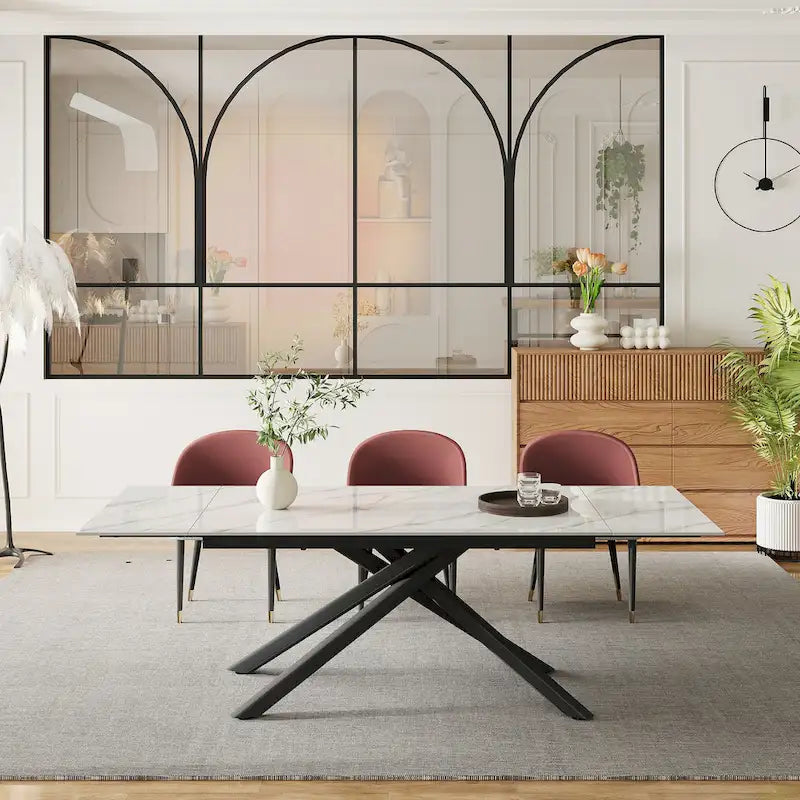 9 - Piece Extendable Rectangular Sintered Stone Cross Legs Dining Set With 8 Chairs For Home or Villa