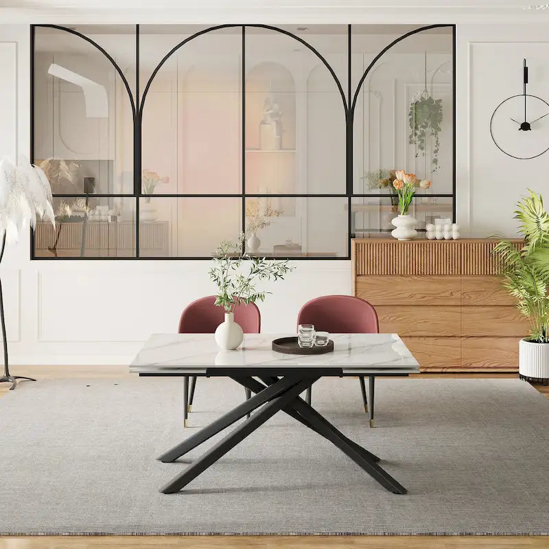 9 - Piece Extendable Rectangular Sintered Stone Cross Legs Dining Set With 8 Chairs For Home or Villa