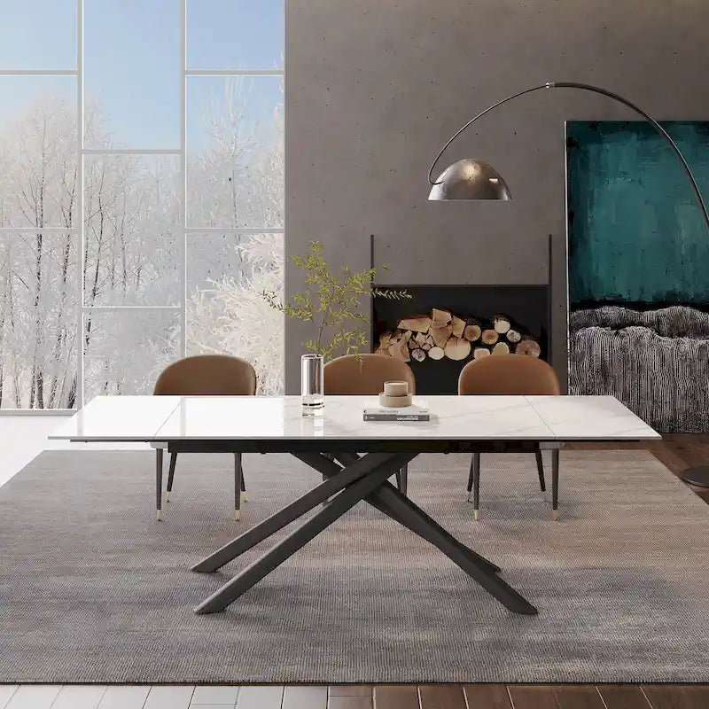 9 - Piece Extendable Rectangular Sintered Stone Cross Legs Dining Set With 8 Chairs For Home or Villa