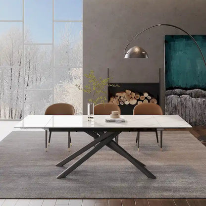 9 - Piece Extendable Rectangular Sintered Stone Cross Legs Dining Set With 8 Chairs For Home or Villa