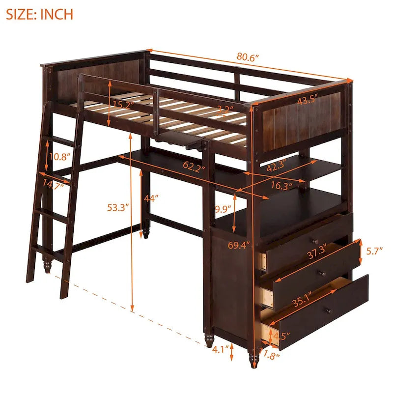 Twin Size Loft Bed with Desk and Dresser, Wooden Loft Bed with Storage Drawers and Shelves for Kids Teens Boys Girls