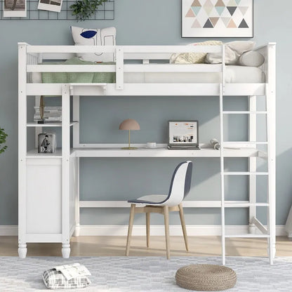 Twin Size Loft Bed with Desk and Dresser, Wooden Loft Bed with Storage Drawers and Shelves for Kids Teens Boys Girls