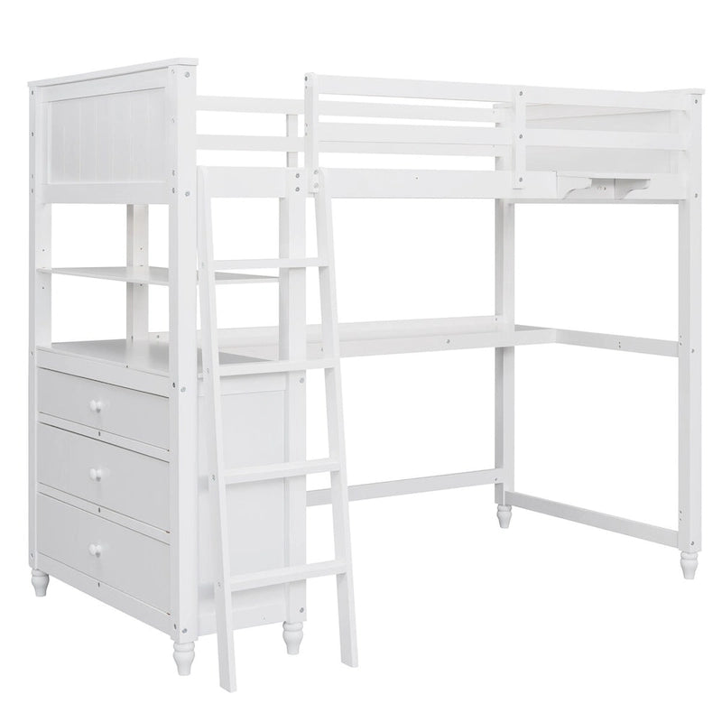 Twin Size Loft Bed with Desk and Dresser, Wooden Loft Bed with Storage Drawers and Shelves for Kids Teens Boys Girls