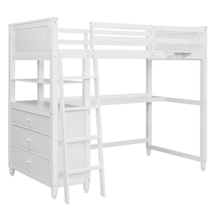 Twin Size Loft Bed with Desk and Dresser, Wooden Loft Bed with Storage Drawers and Shelves for Kids Teens Boys Girls