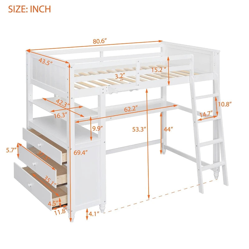Twin Size Loft Bed with Desk and Dresser, Wooden Loft Bed with Storage Drawers and Shelves for Kids Teens Boys Girls