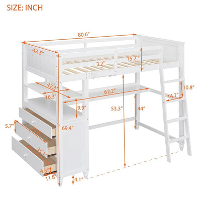 Twin Size Loft Bed with Desk and Dresser, Wooden Loft Bed with Storage Drawers and Shelves for Kids Teens Boys Girls