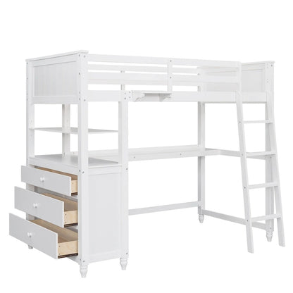 Twin Size Loft Bed with Desk and Dresser, Wooden Loft Bed with Storage Drawers and Shelves for Kids Teens Boys Girls