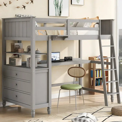 Twin Size Loft Bed with Desk and Dresser, Wooden Loft Bed with Storage Drawers and Shelves for Kids Teens Boys Girls