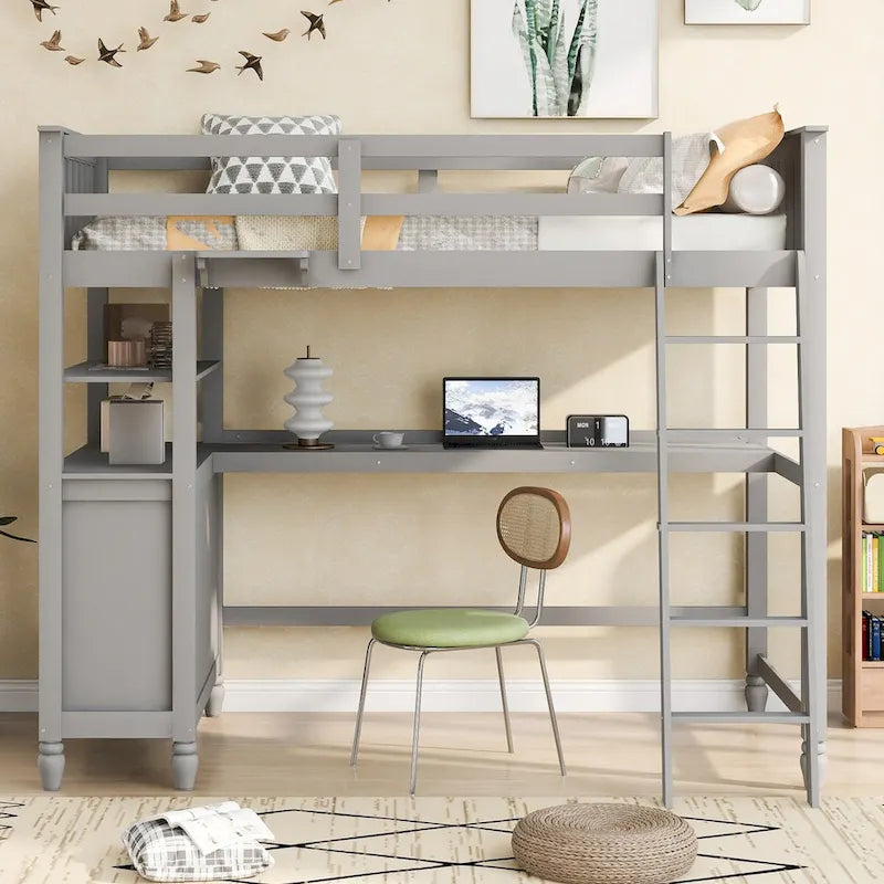 Twin Size Loft Bed with Desk and Dresser, Wooden Loft Bed with Storage Drawers and Shelves for Kids Teens Boys Girls