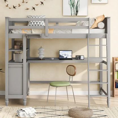 Twin Size Loft Bed with Desk and Dresser, Wooden Loft Bed with Storage Drawers and Shelves for Kids Teens Boys Girls