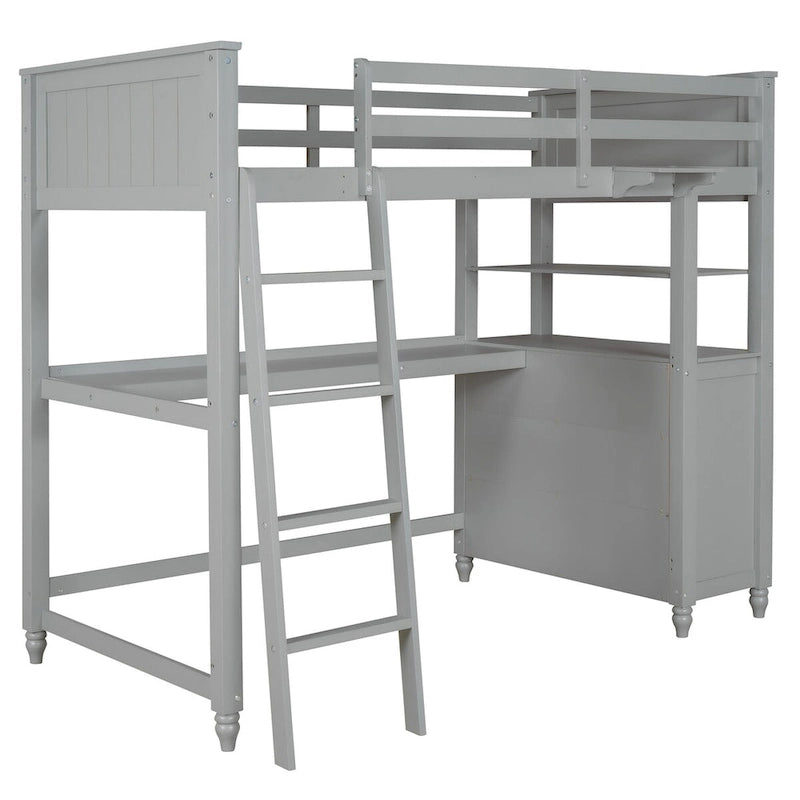 Twin Size Loft Bed with Desk and Dresser, Wooden Loft Bed with Storage Drawers and Shelves for Kids Teens Boys Girls