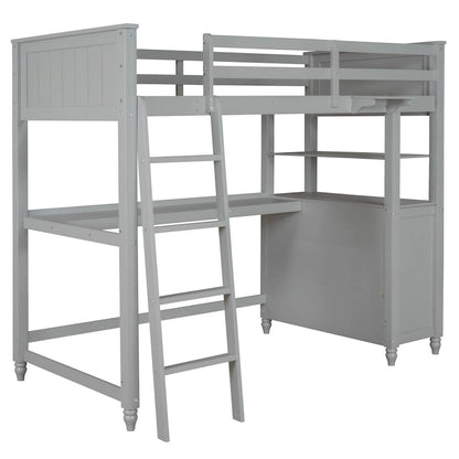 Twin Size Loft Bed with Desk and Dresser, Wooden Loft Bed with Storage Drawers and Shelves for Kids Teens Boys Girls