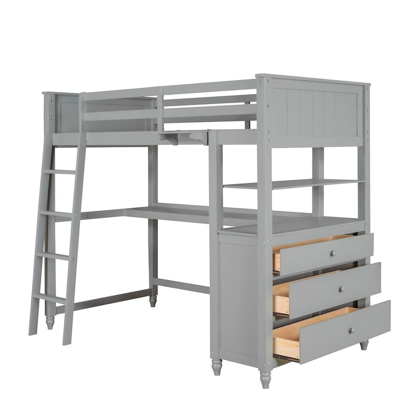 Twin Size Loft Bed with Desk and Dresser, Wooden Loft Bed with Storage Drawers and Shelves for Kids Teens Boys Girls