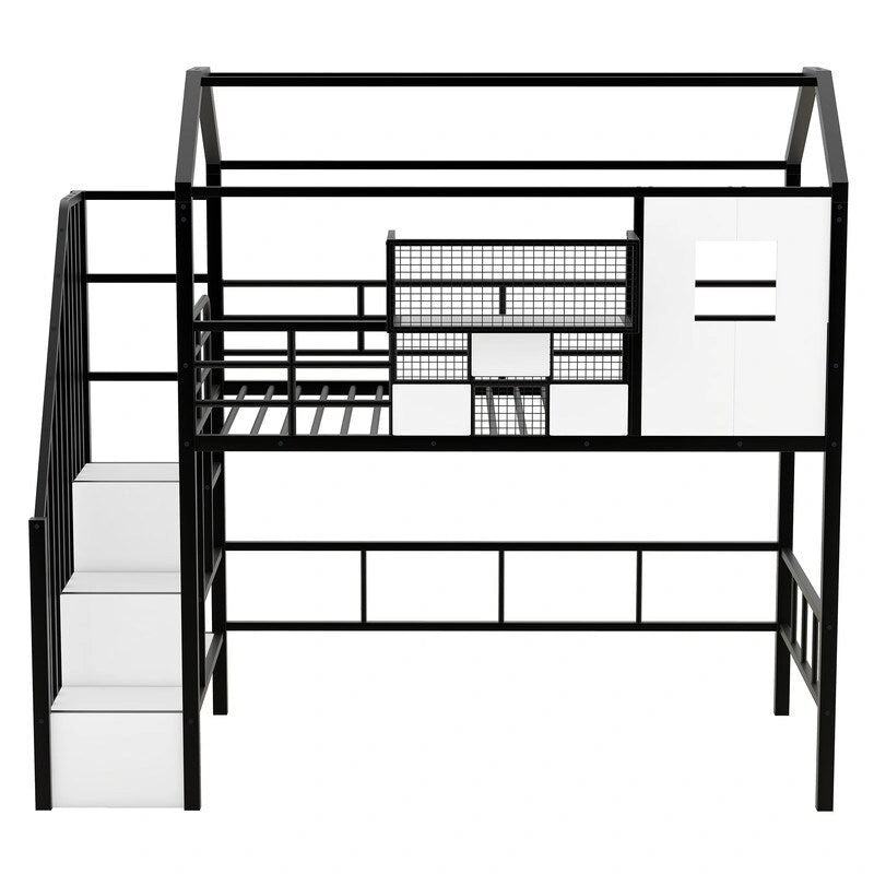 Metal Loft Bed with roof design and a storage box, Twin