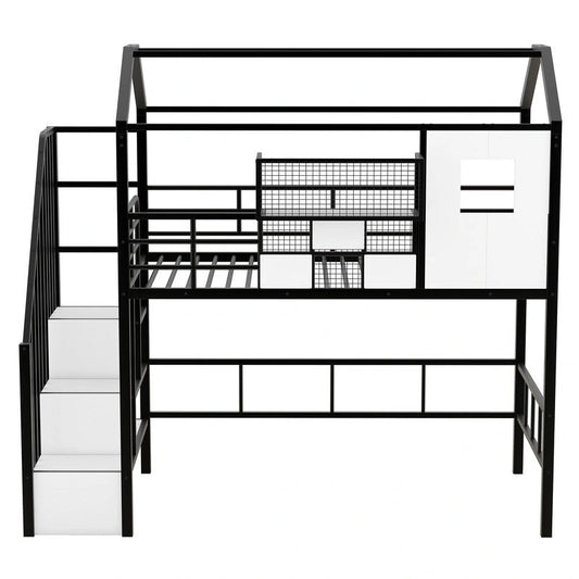 Metal Loft Bed with roof design and a storage box, Twin