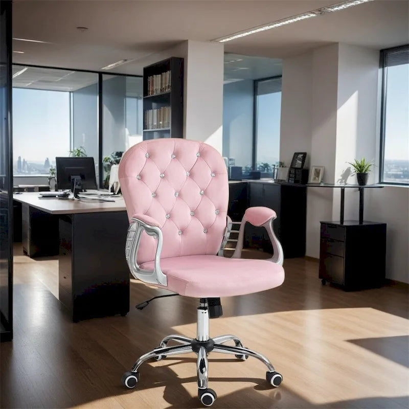 Velvet Adjustable Height Home Office Chair w/ Padded Armrests & Wheel - N/A