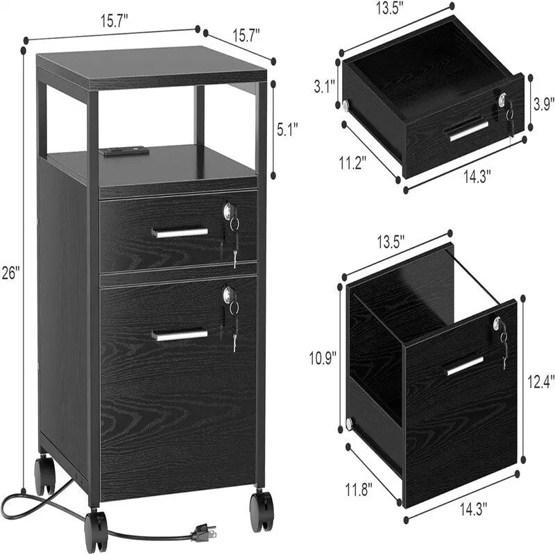File Cabinet with Lock Charging Station 2 Drawers Rolling Filing Cabinet - 15.7D x 15.7W x 26H