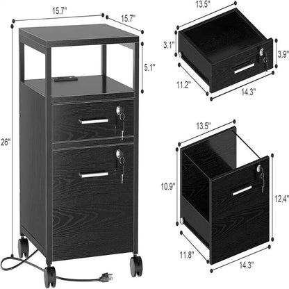 File Cabinet with Lock Charging Station 2 Drawers Rolling Filing Cabinet - 15.7D x 15.7W x 26H