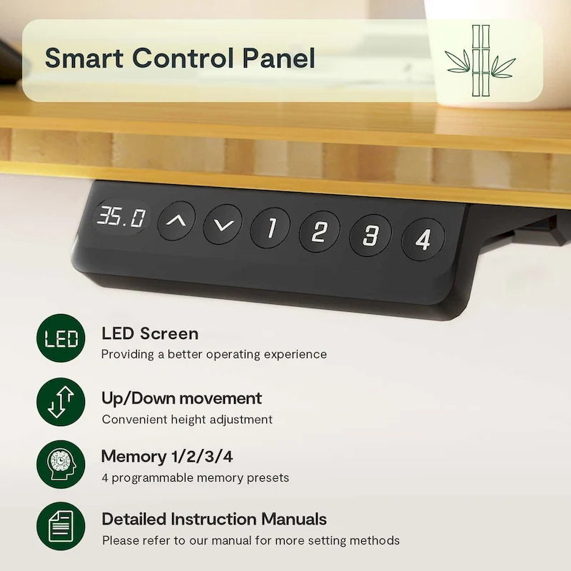 FlexiSpot 100% Bamboo Whole-Piece Desktop Ergonomic Electric Home Office Standing Desk Memory Controller