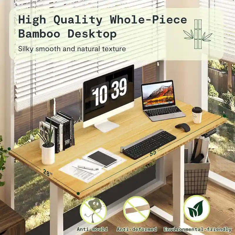 FlexiSpot 100% Bamboo Whole-Piece Desktop Ergonomic Electric Home Office Standing Desk Memory Controller