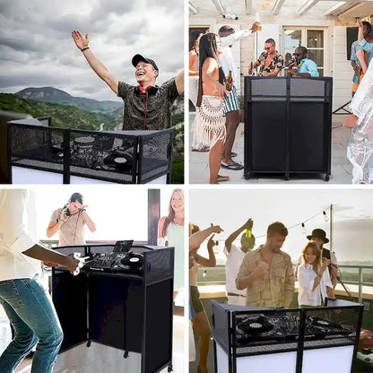 Portable DJ Booth Table Set with Integrated Lighting Scrims, Sturdy Carry Case, and Compact 40x20 inch Dimensions