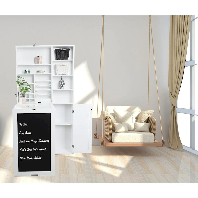 Utopia Alley Collapsible Fold Down Desk Table with Large Storage Cabinet & Bottom Shelves, Computer Desk, White