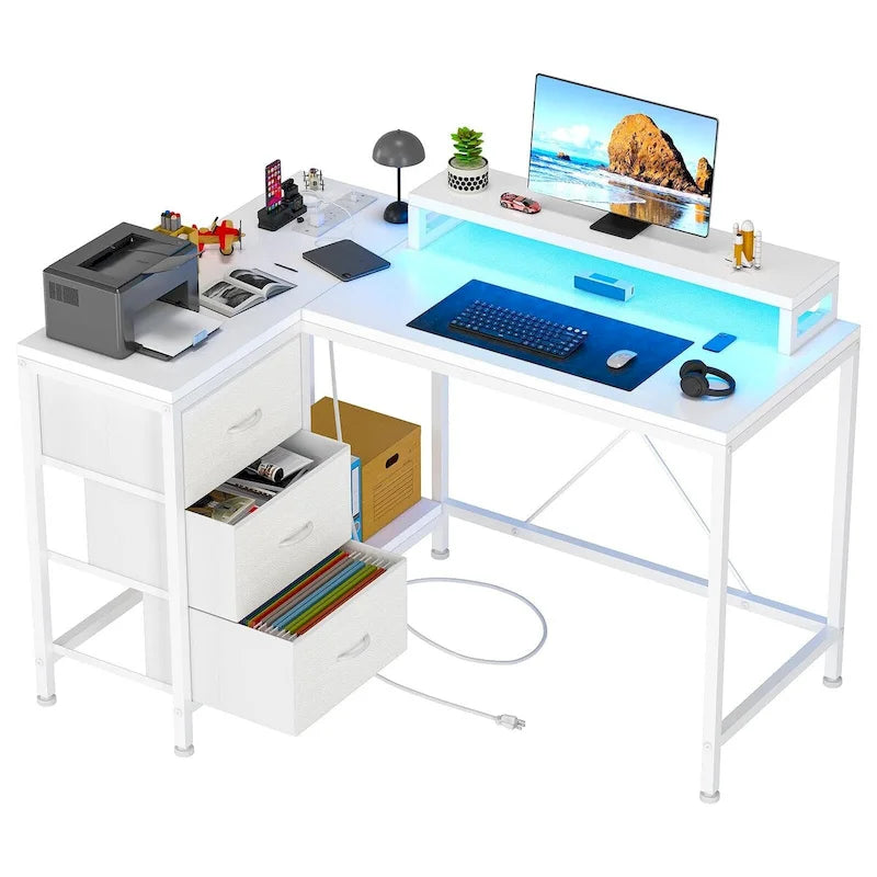 L Shaped Desk with Power Outlets & LED Lights